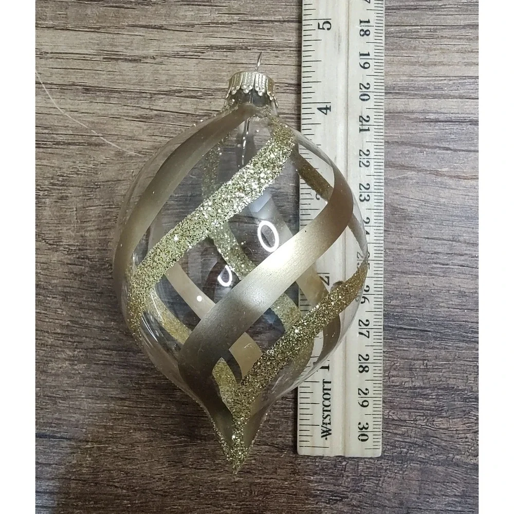 3 Vtg Krebs TEARDROP Glass Christmas Tree Ornaments Gold Glitter Satin Clear A12